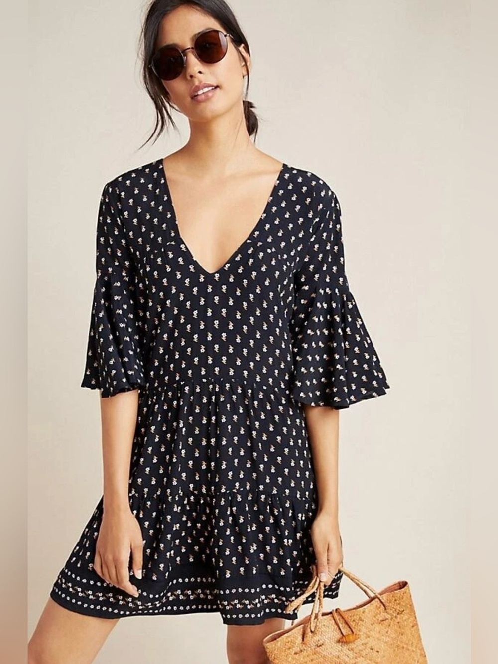 Faithfull The Brand x Anthropologie Mini Dress XS Black Floral Bell Sleeve